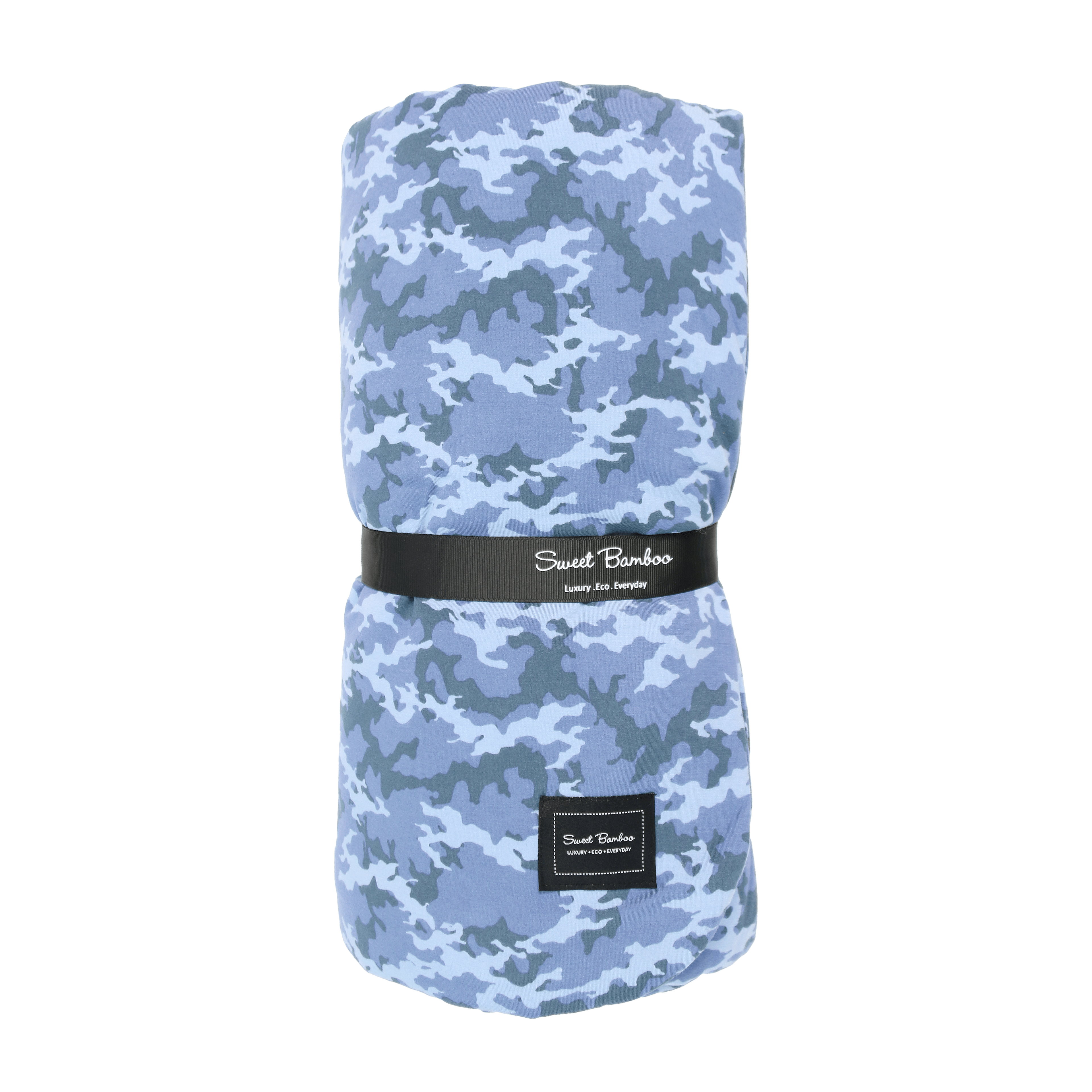 Kids blue camouflage cloud blanket, folded with Sweet Bamboo labels
