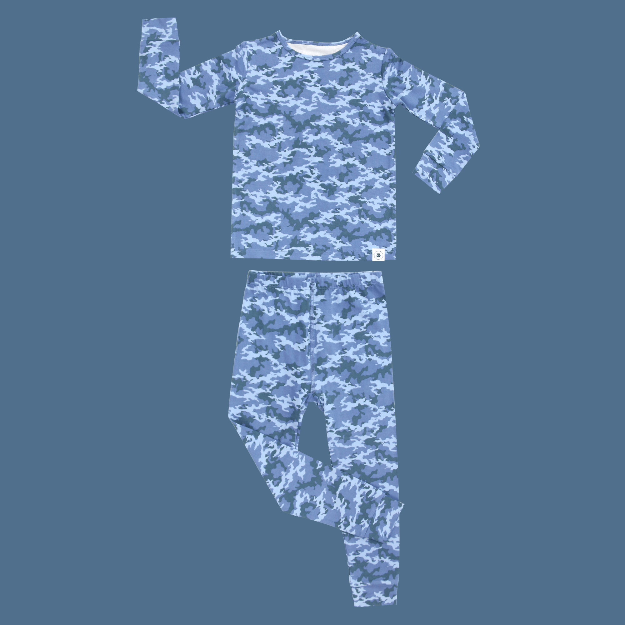 Kids blue camouflage pajama set, long-sleeve top and jogger-style pants