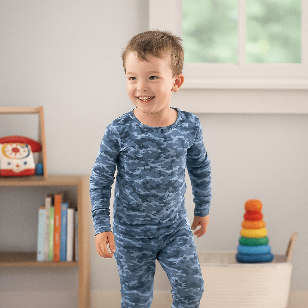 Kids blue camouflage pajama set, long-sleeve top and pants