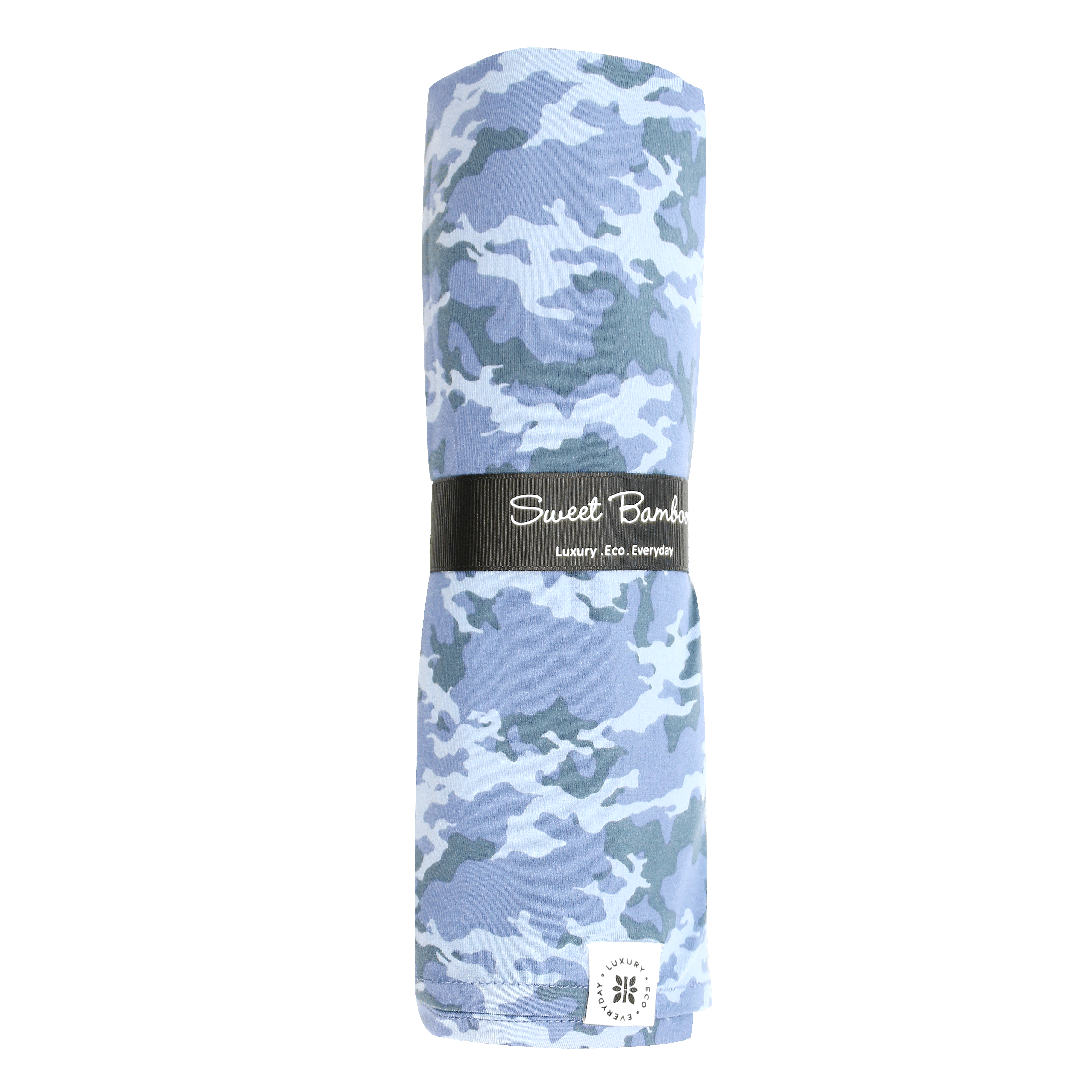 Folded blue camouflage swaddle blanket with matching fabric band