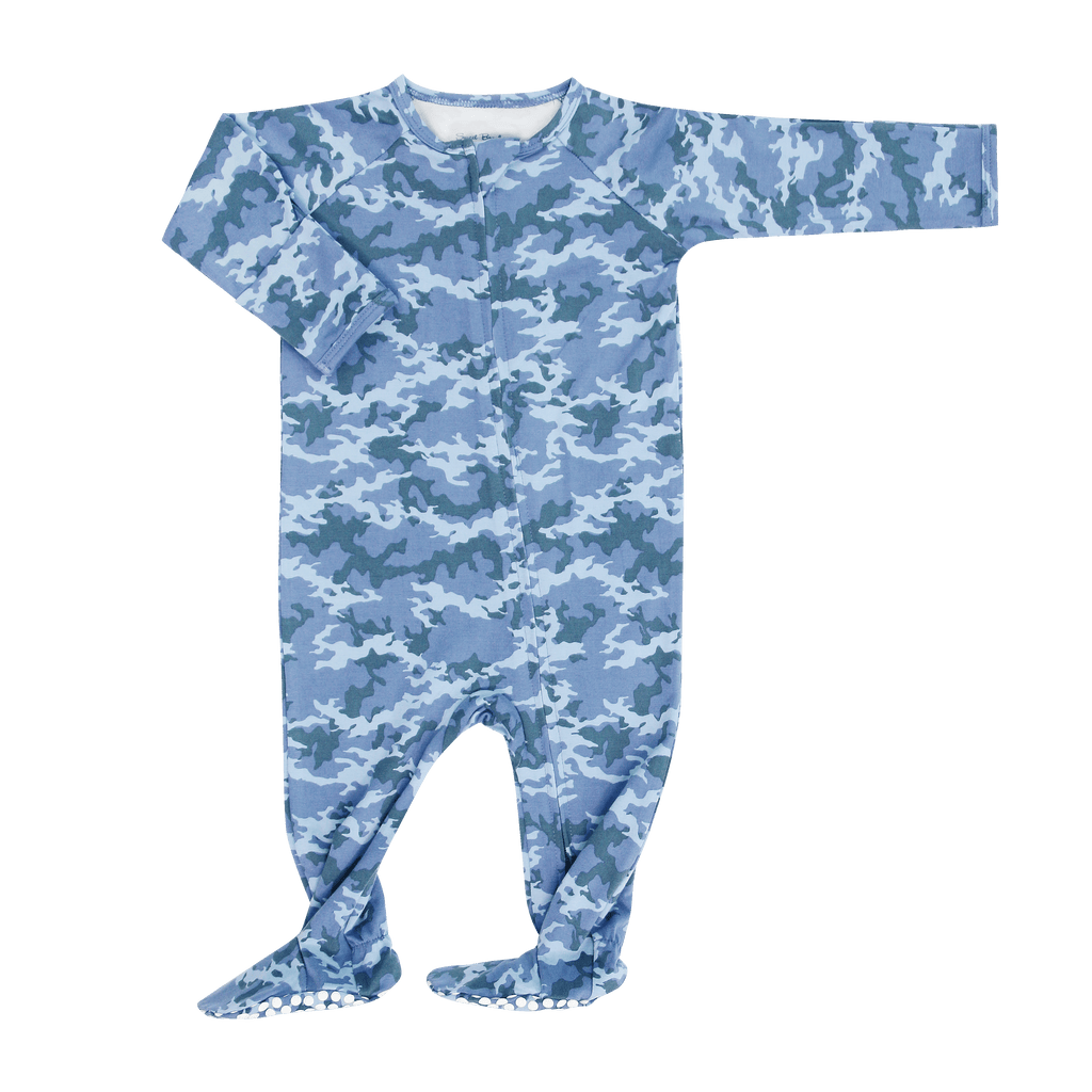 Blue camouflage zip-up footie with long sleeves and front zipper