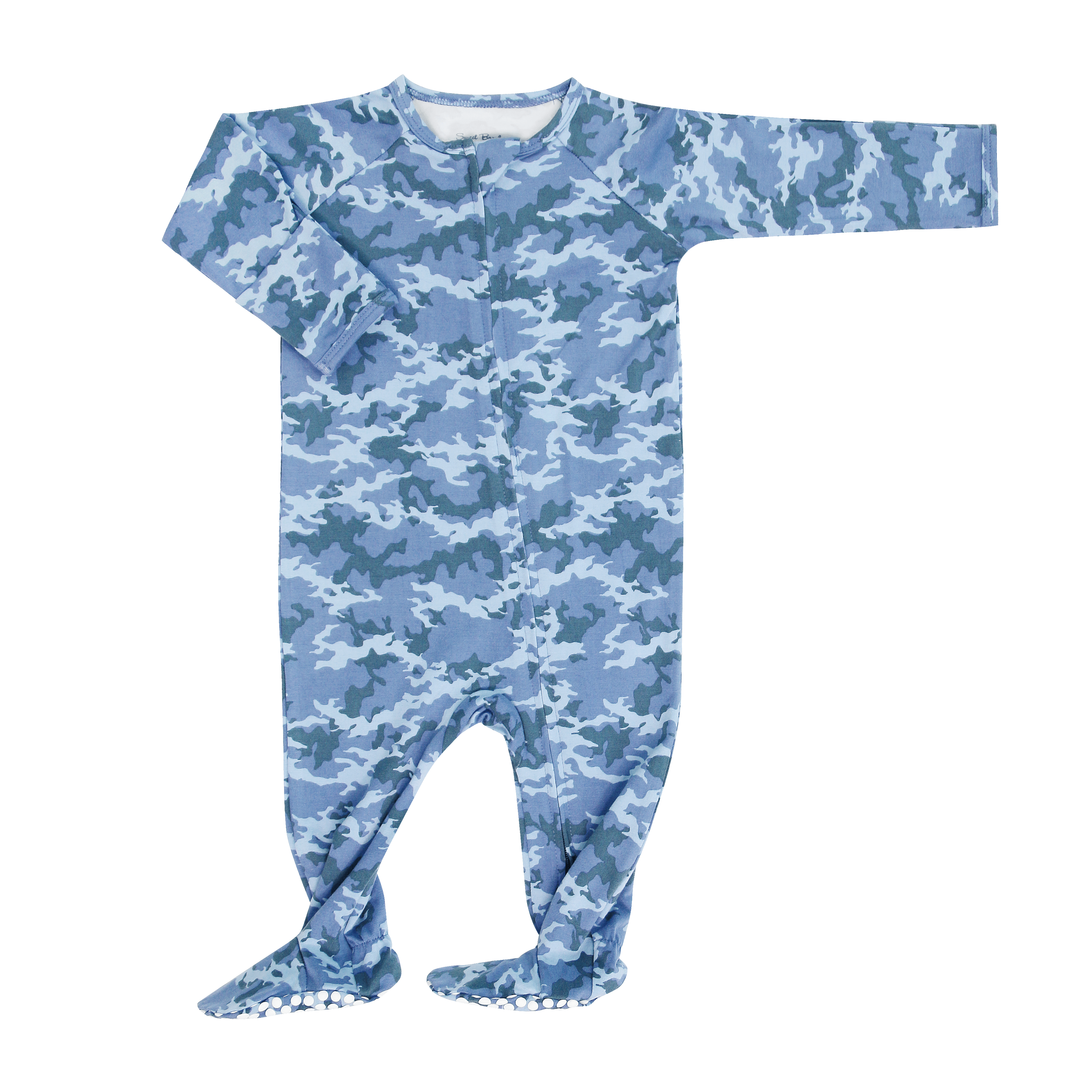 Blue camouflage zip-up footie with long sleeves and front zipper