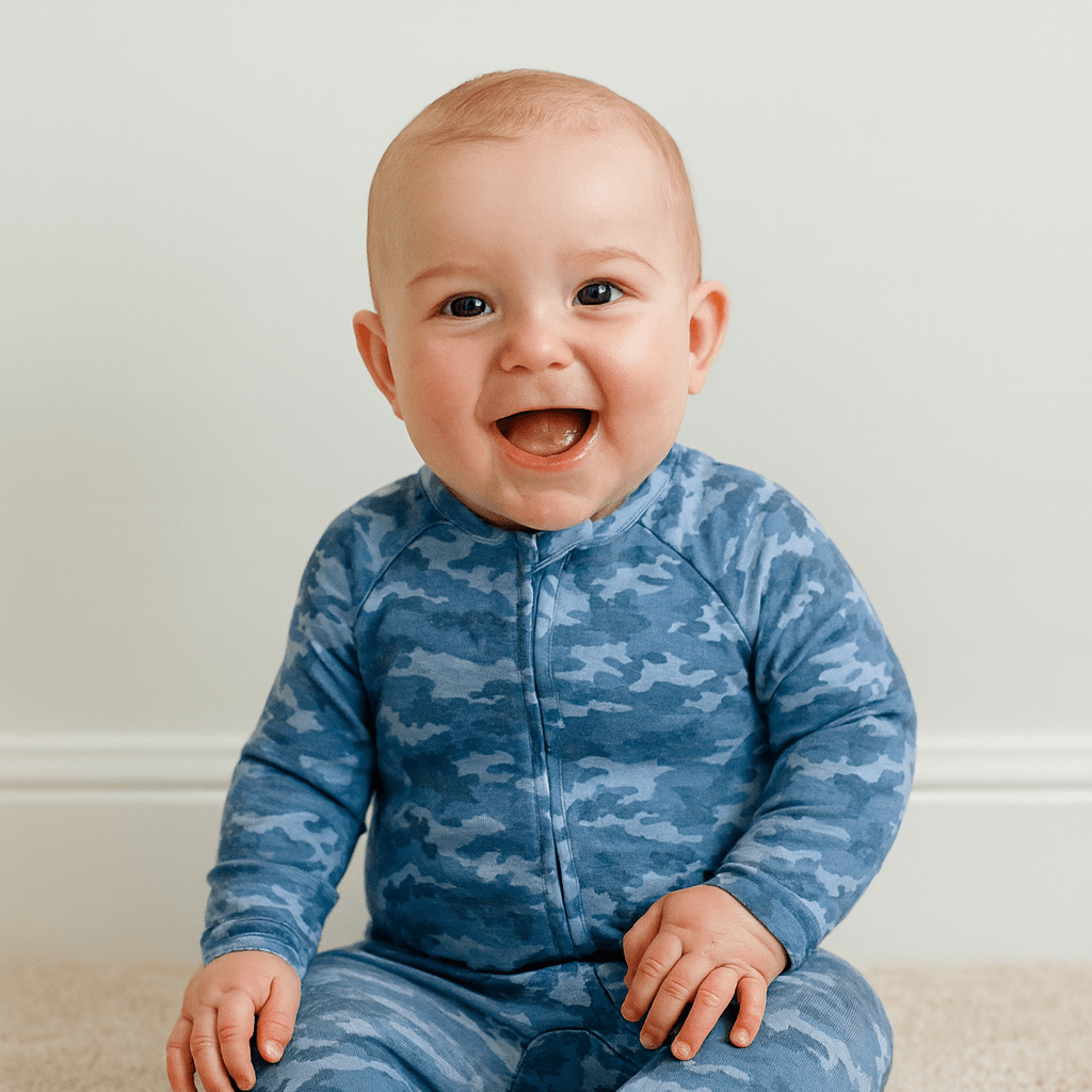 Blue camouflage zip-up footie with long sleeves and front zipper, baby close-up