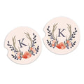 Set of 2 personalized car cup holder coasters, beige antler floral wreath with letter K