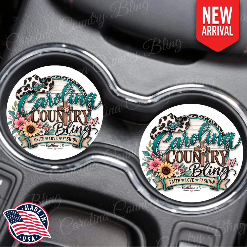 Round car coasters set of 2 with Carolina Country Bling floral and leopard design