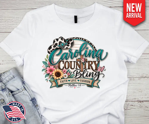 White short-sleeve T-shirt with colorful country graphic on chest