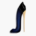 Good Girl eau de parfum bottle, glossy deep blue glass with black cap and gold heel