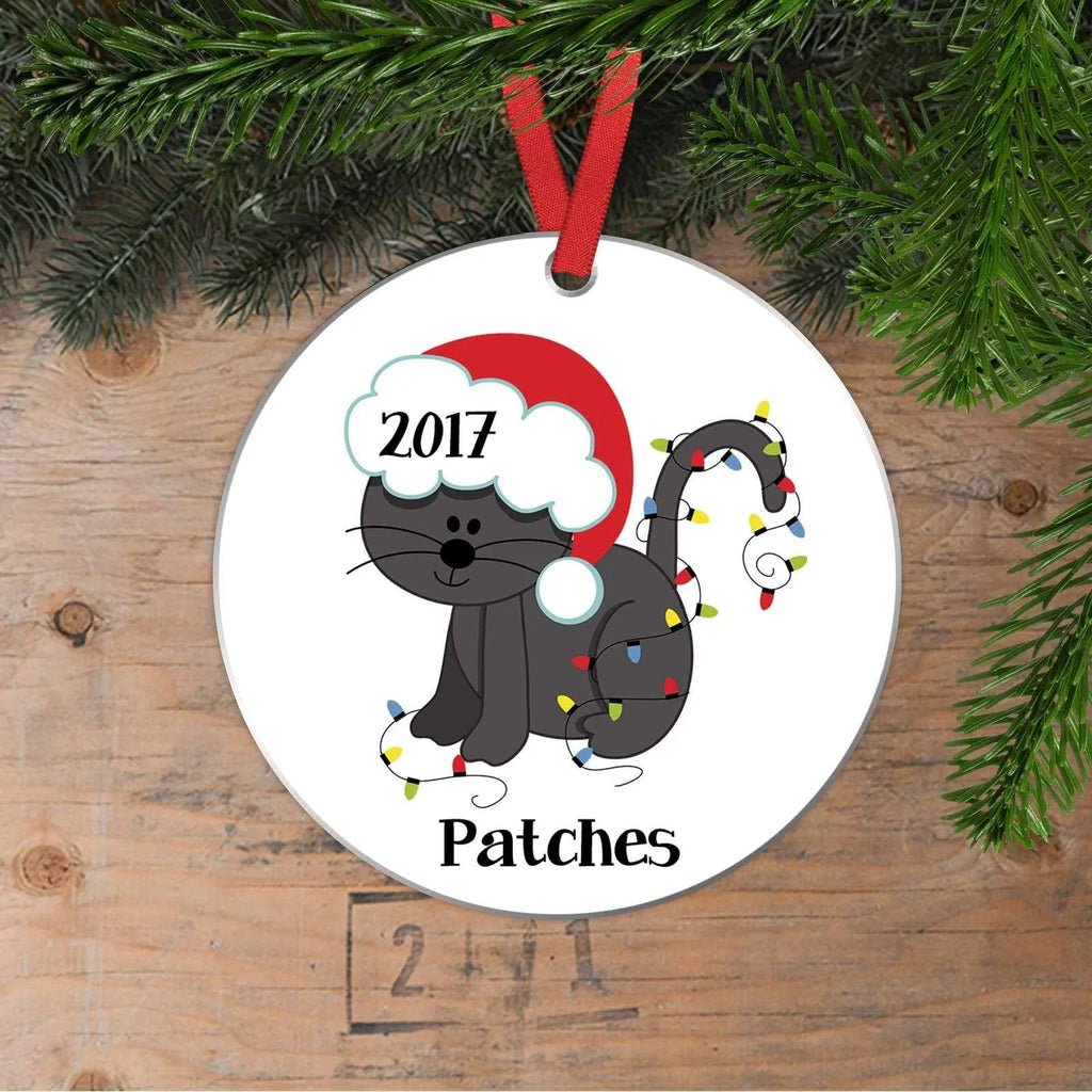Personalized black cat Christmas ornament with 2017 and name Patches, red hanging ribbon