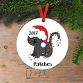 Personalized black cat Christmas ornament with 2017 and name Patches, red hanging ribbon