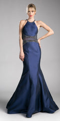Navy two-piece mermaid gown with halter crop top and fitted mermaid skirt