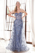 Smoky blue strapless fitted gown with floral applique bodice, glitter fabric, and tulle overskirt