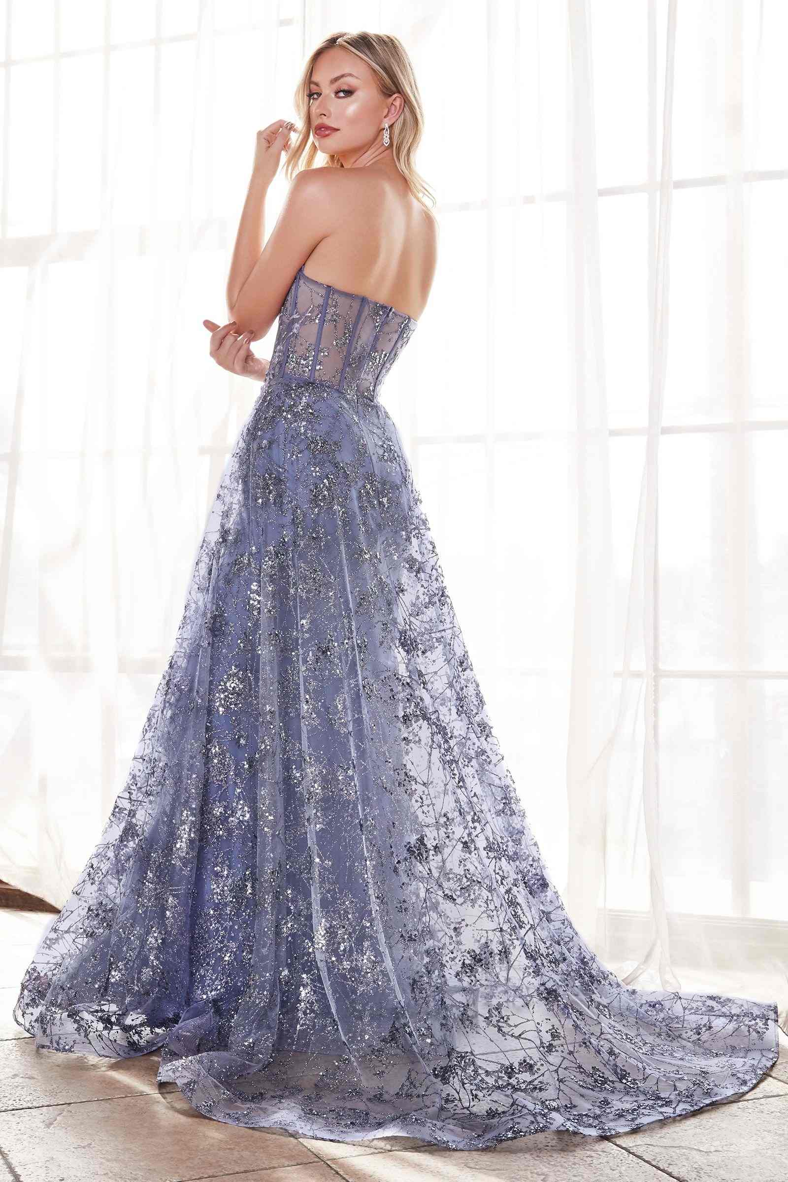 Smoky blue strapless fitted gown with floral glitter appliques and layered tulle overskirt