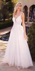 Off-white layered tulle bridal gown with embroidered bodice and A-line skirt, thin straps