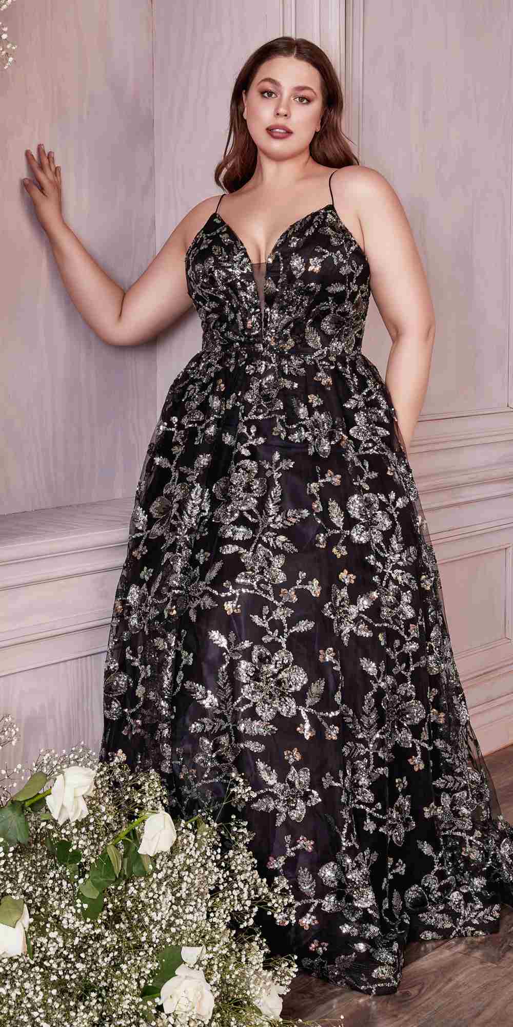 Black sequin ball gown with silver floral embellishment, V-neck spaghetti straps, floor length