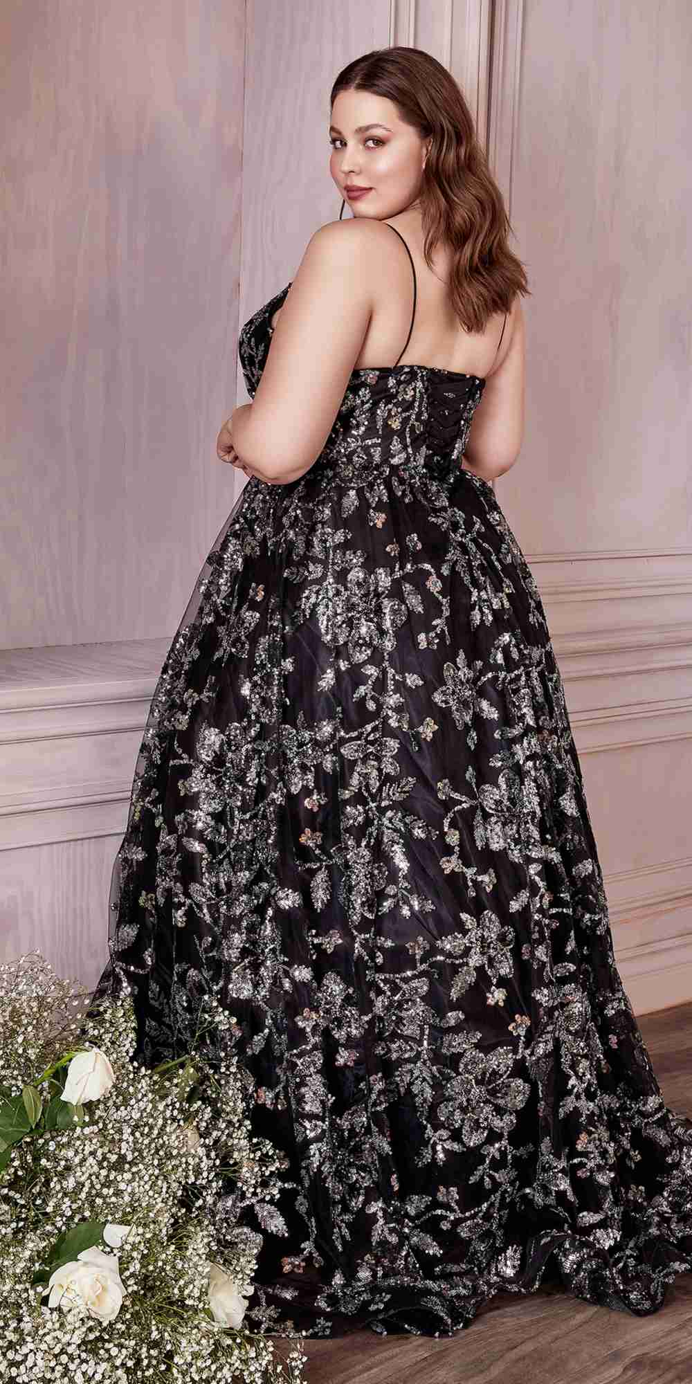 Black sequin ball gown with floral sparkle embroidery, adjustable spaghetti straps, full skirt