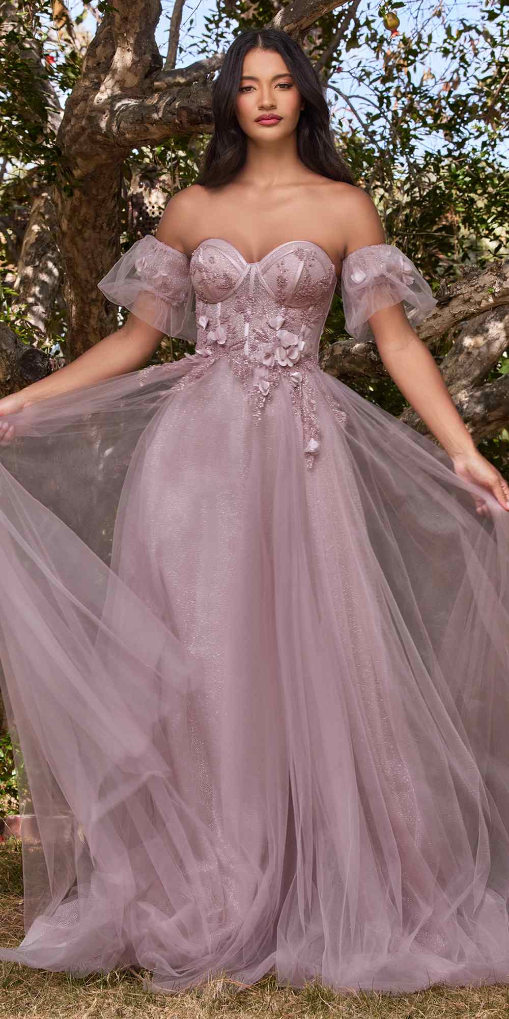 Lavender strapless tulle ball gown with off-shoulder puff sleeves and floral detailing