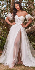 Off-white strapless tulle ball gown with sweetheart neckline, floral bodice, long skirt
