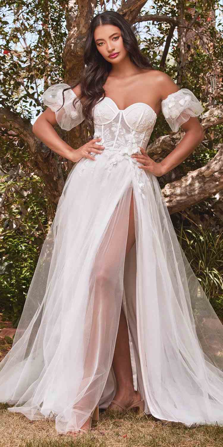 Off-white strapless tulle ball gown with sweetheart neckline, floral bodice, long skirt