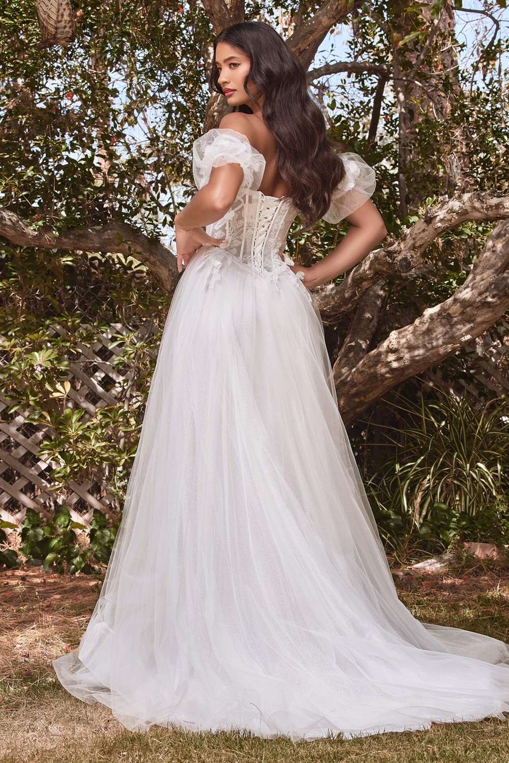 Off-white strapless tulle ball gown in profile, floral corset bodice, long flowing skirt