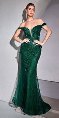 Emerald green off-shoulder glitter gown with sweetheart neckline and mermaid hem