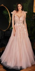 Blush tulle A-line gown with floral lace bodice, sheer sleeves, and full tulle skirt