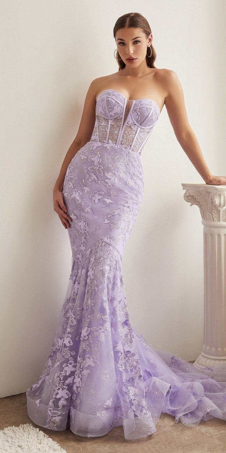 Lilac strapless corset mermaid gown with butterfly motif and lace overlay