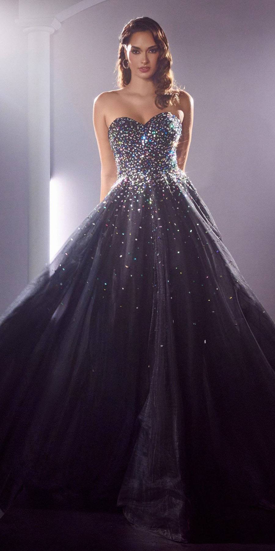 Black strapless long formal gown with sparkling jewel accents