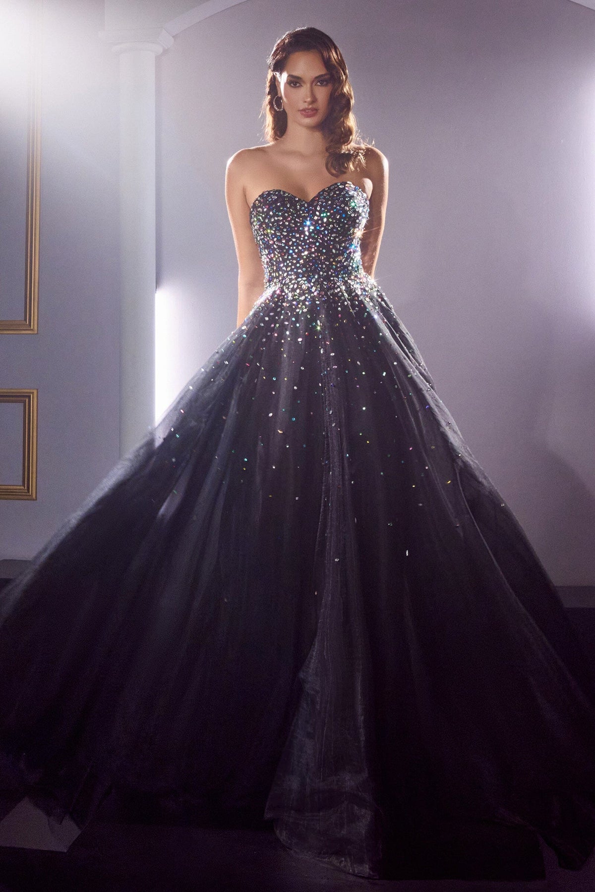 Black strapless long formal gown with radiant jewel accents and full skirt