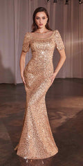 Rose gold sequin fitted long-sleeve gown with bateau neckline and scalloped cuffs