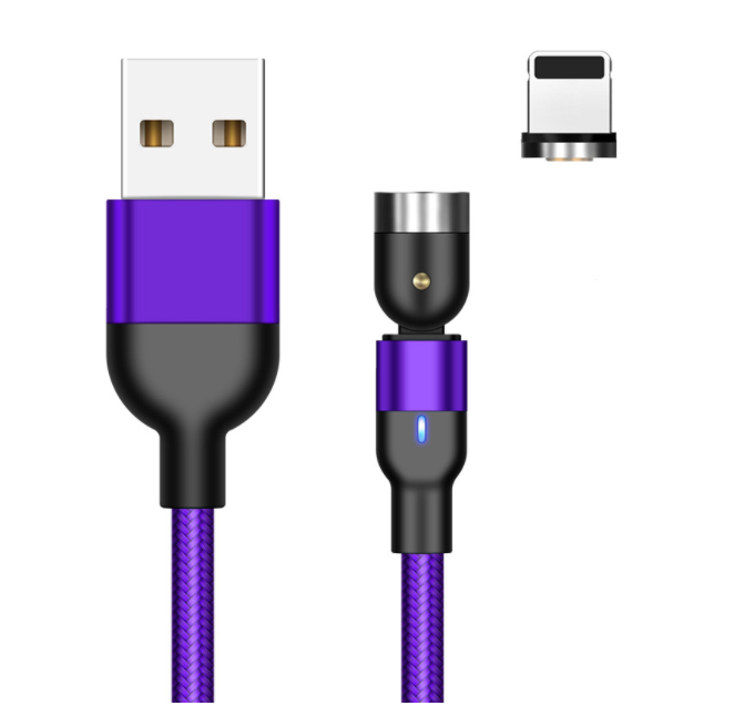 Purple magnetic charging cable with USB-A plug and Lightning-style magnetic connector, blue LED