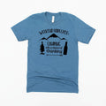 Blue graphic camping t-shirt with “Weekend Forecast” text and “chance of Drinking” logo