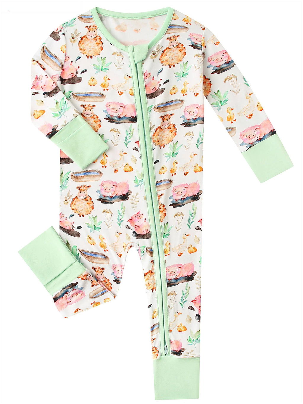 White animal-print bamboo baby romper with mint zip-front and cuffed pant legs