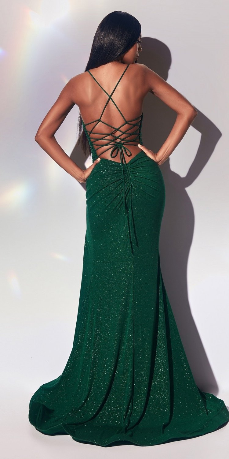 Emerald green formal gown back view with crisscross straps and lace-up tie