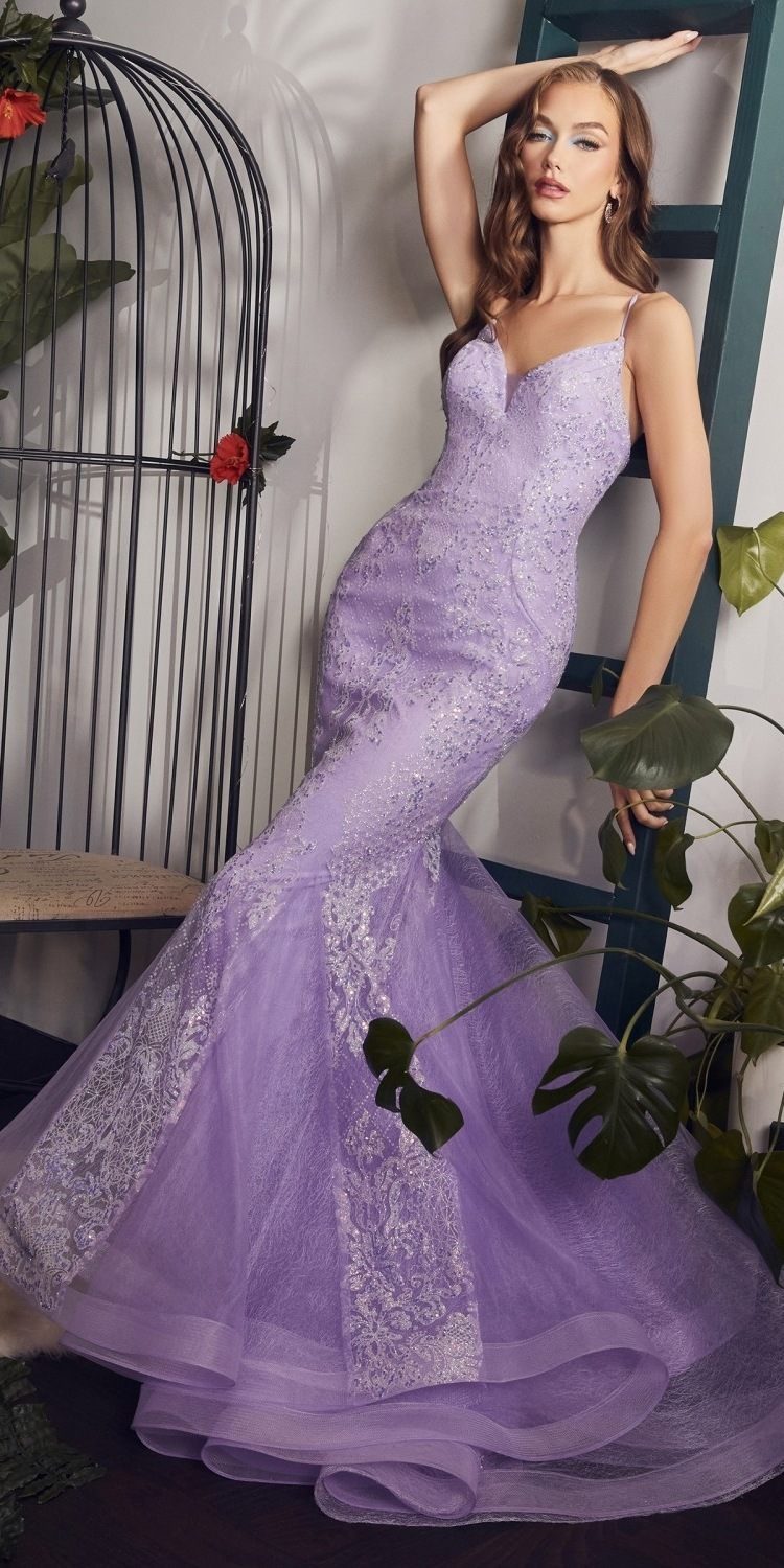 Lavender mermaid glitter gown with spaghetti straps and textured printed bodice