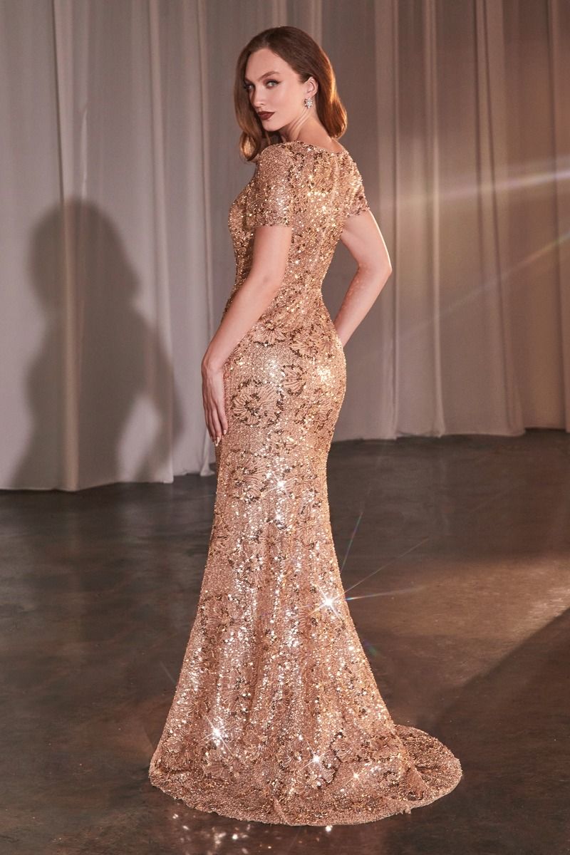 Rose gold sequin fit and flare dress with floral motif, short sleeves, high neckline