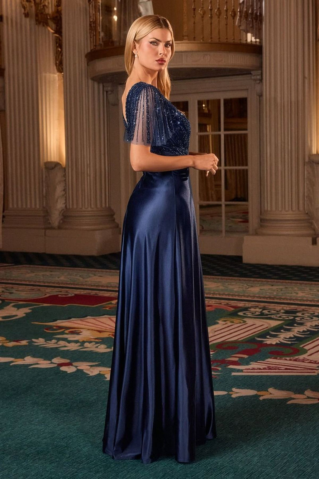 Navy satin evening gown with V-neck and short flutter sleeves