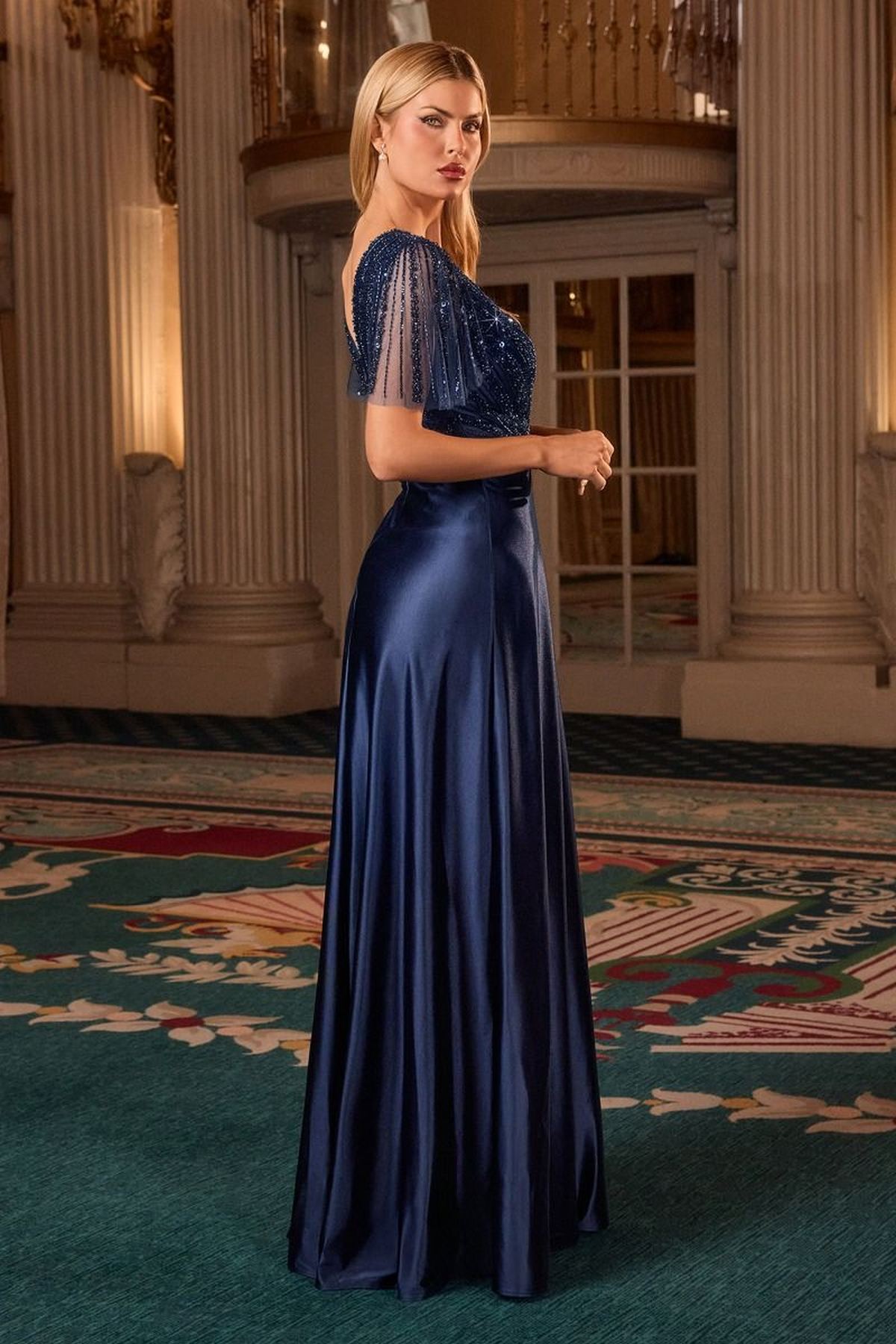 Navy satin evening gown with V-neck and short flutter sleeves