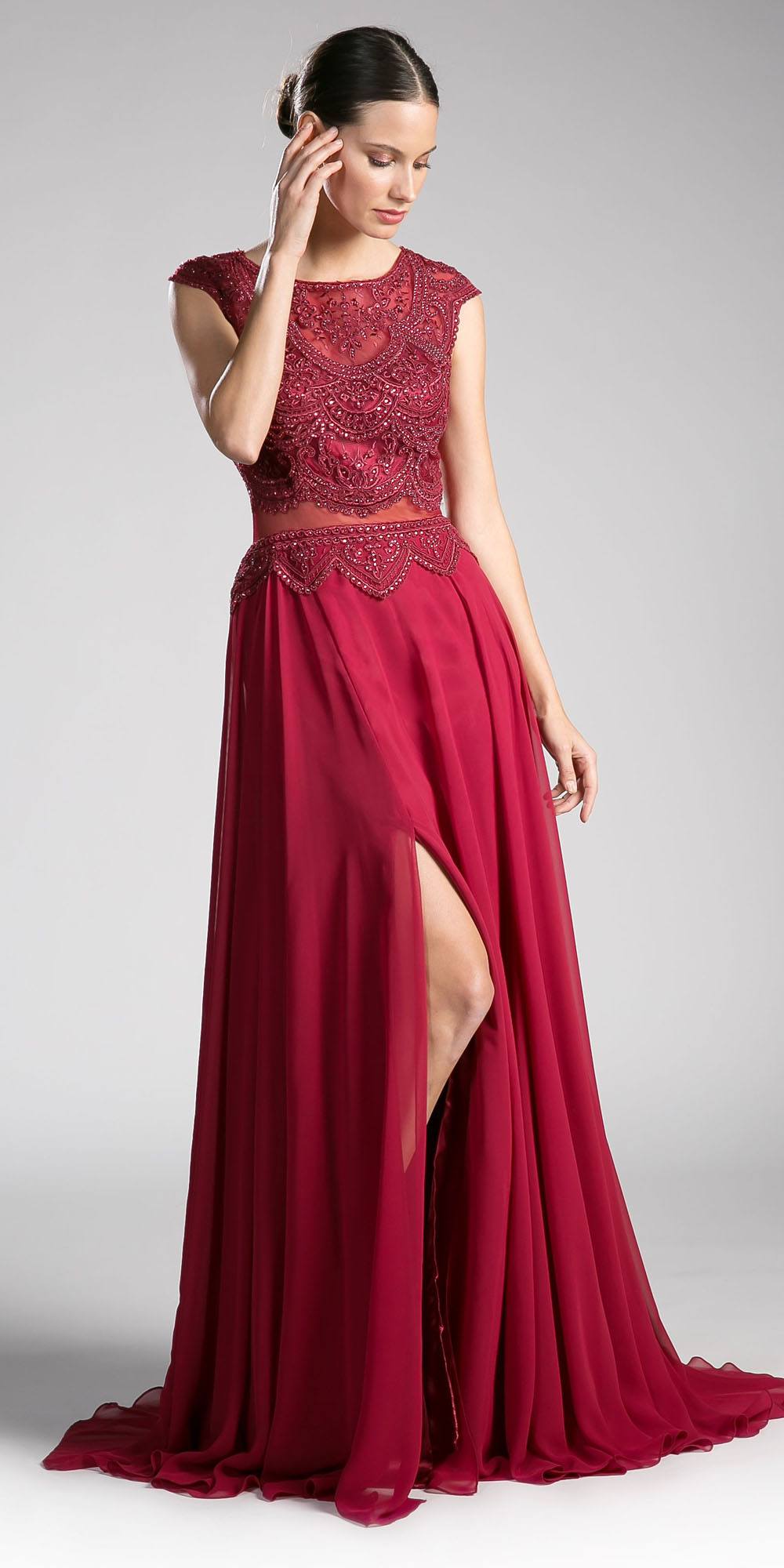 Illusion beaded formal gown with cap sleeves and flowing chiffon skirt, burgundy