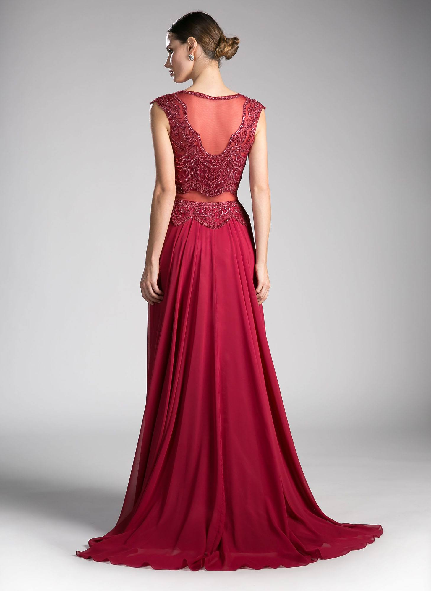 Illusion beaded formal gown with open back illusion bodice and chiffon skirt, burgundy