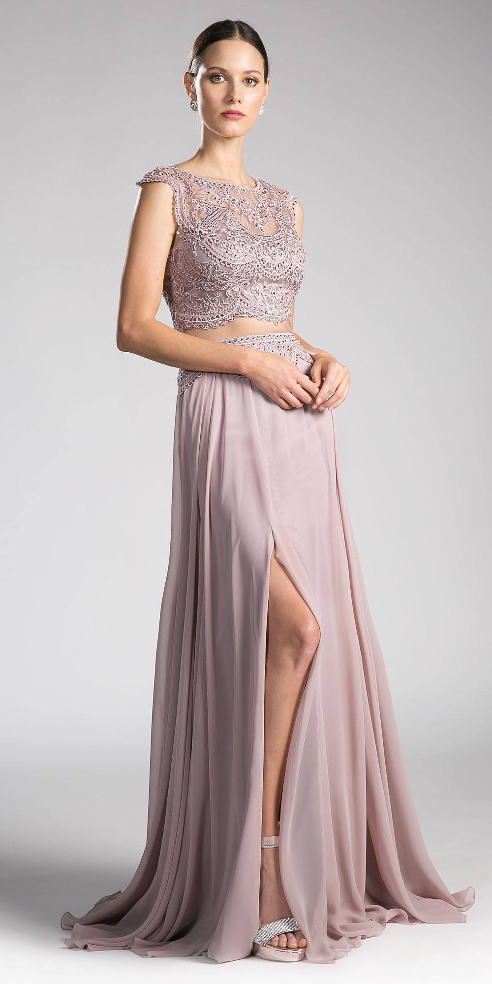 Illusion beaded formal gown with cap sleeves and flowing chiffon skirt, mauve