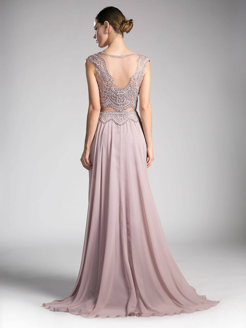 Illusion beaded formal gown with open back illusion bodice and chiffon skirt, mauve