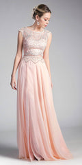 Illusion beaded formal gown with cap sleeves and flowing chiffon skirt, blush pink