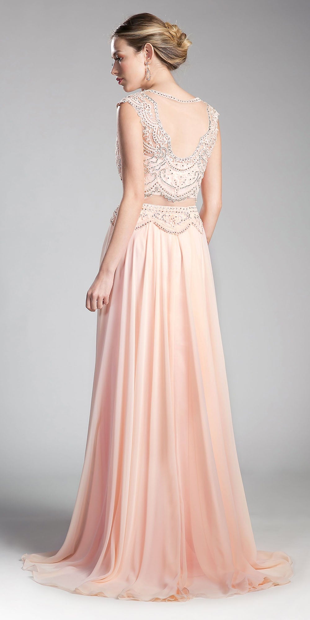 Illusion beaded formal gown with open back illusion bodice and chiffon skirt, blush pink
