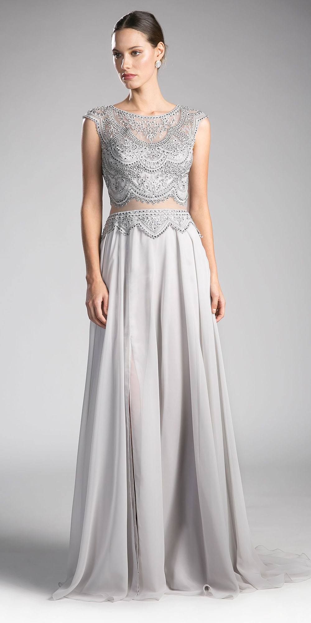 Illusion beaded formal gown with cap sleeves and flowing chiffon skirt, silver-gray
