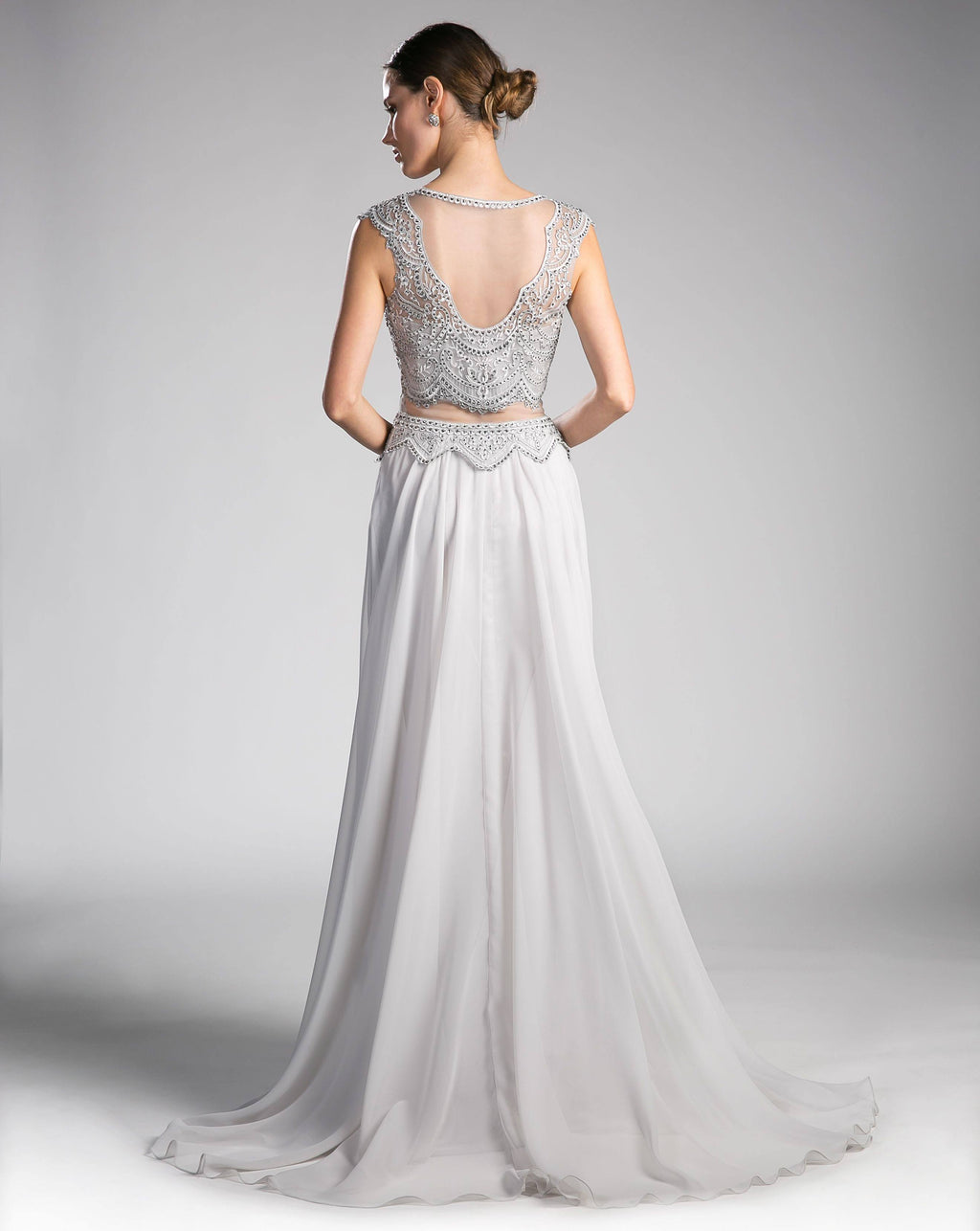 Illusion beaded formal gown with open back illusion bodice and chiffon skirt, silver-gray