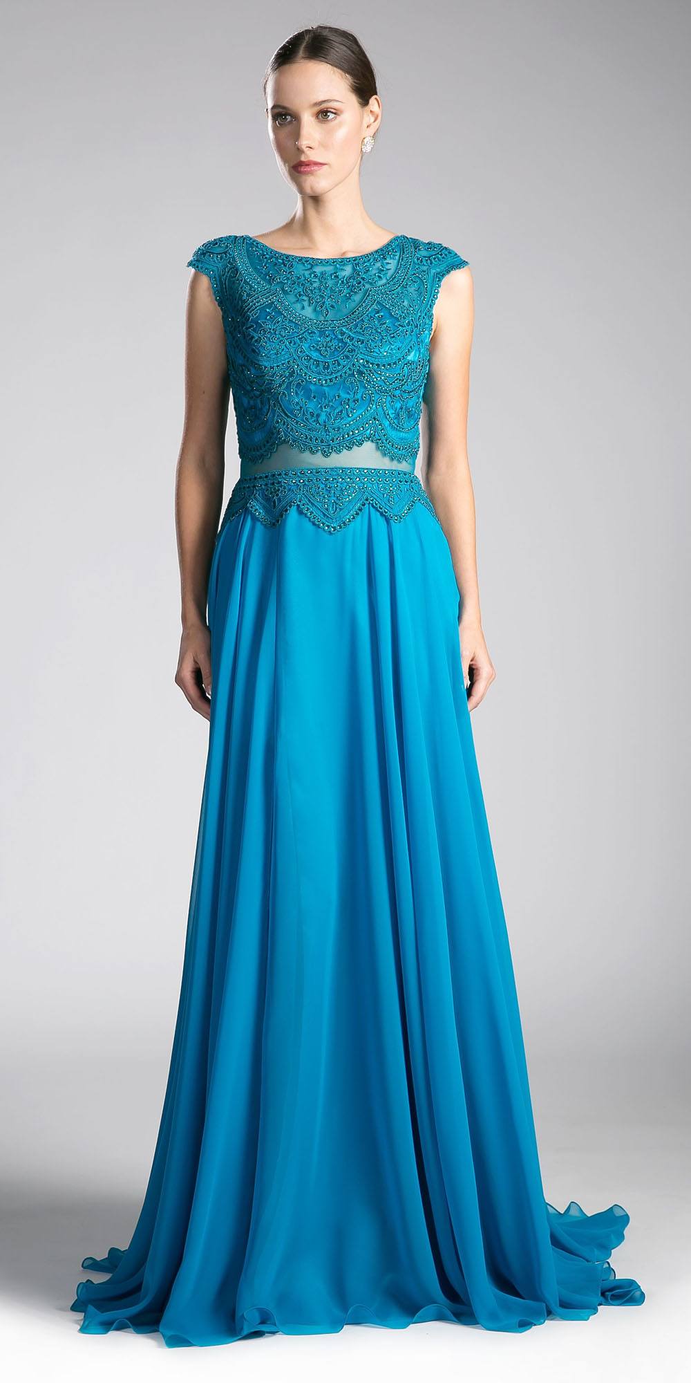 Illusion beaded formal gown with cap sleeves and flowing chiffon skirt, teal blue