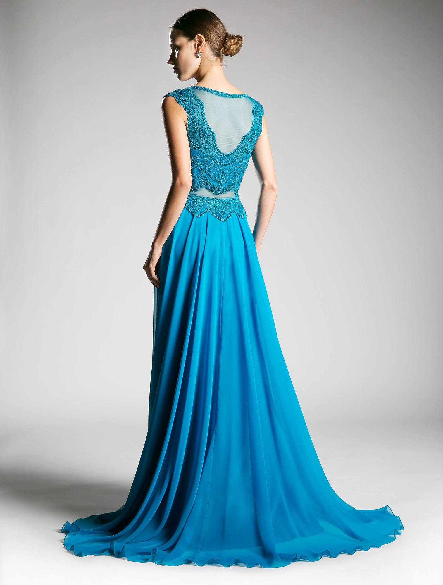 Illusion beaded formal gown with open back illusion bodice and chiffon skirt, teal blue