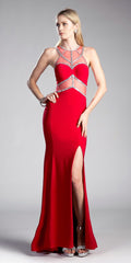 Red formal gown with sheer cut-out corset bodice, crisscross straps, and front slit