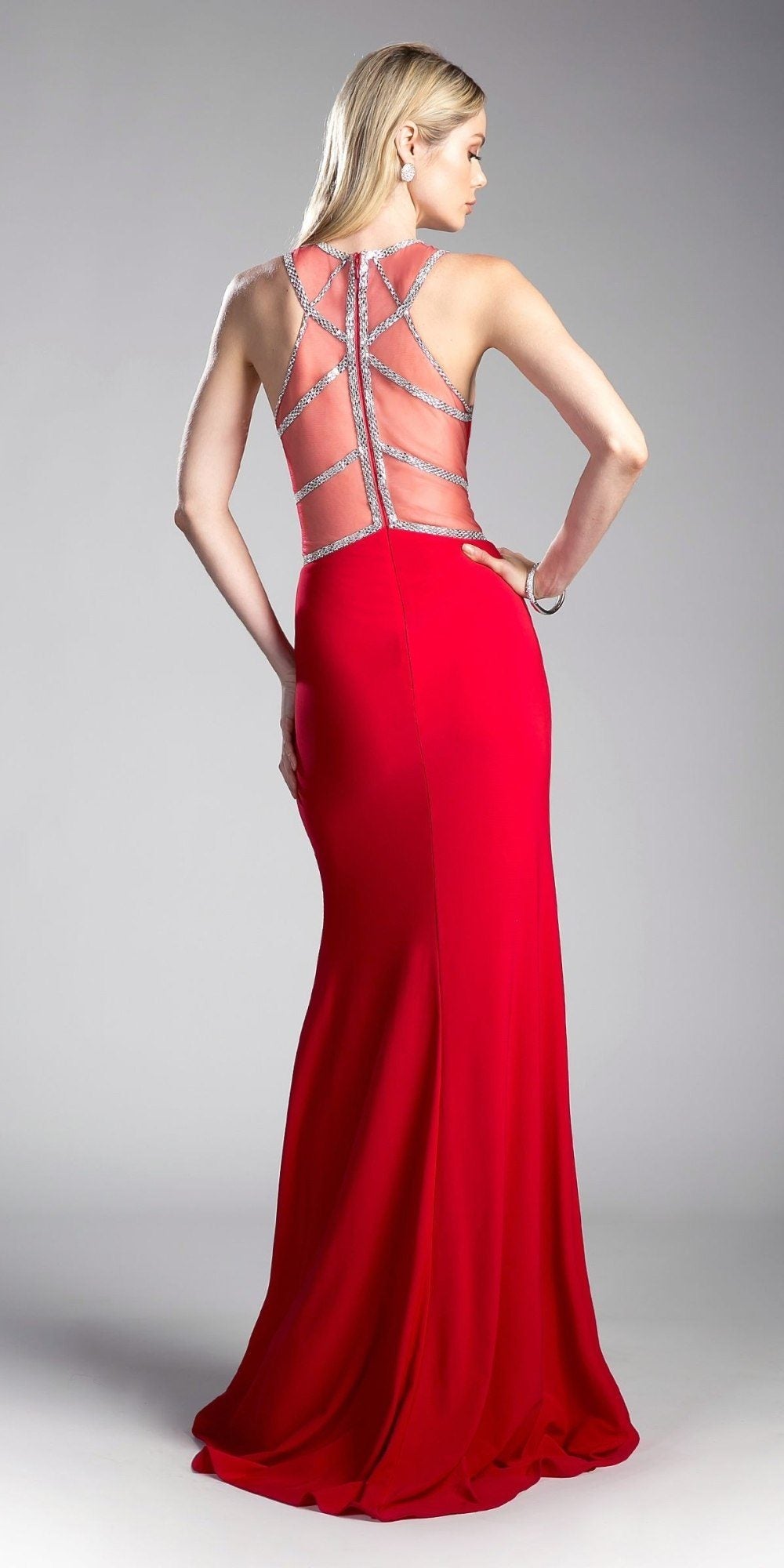 Red formal gown with sheer back cut-out corset and floor-length skirt with slit