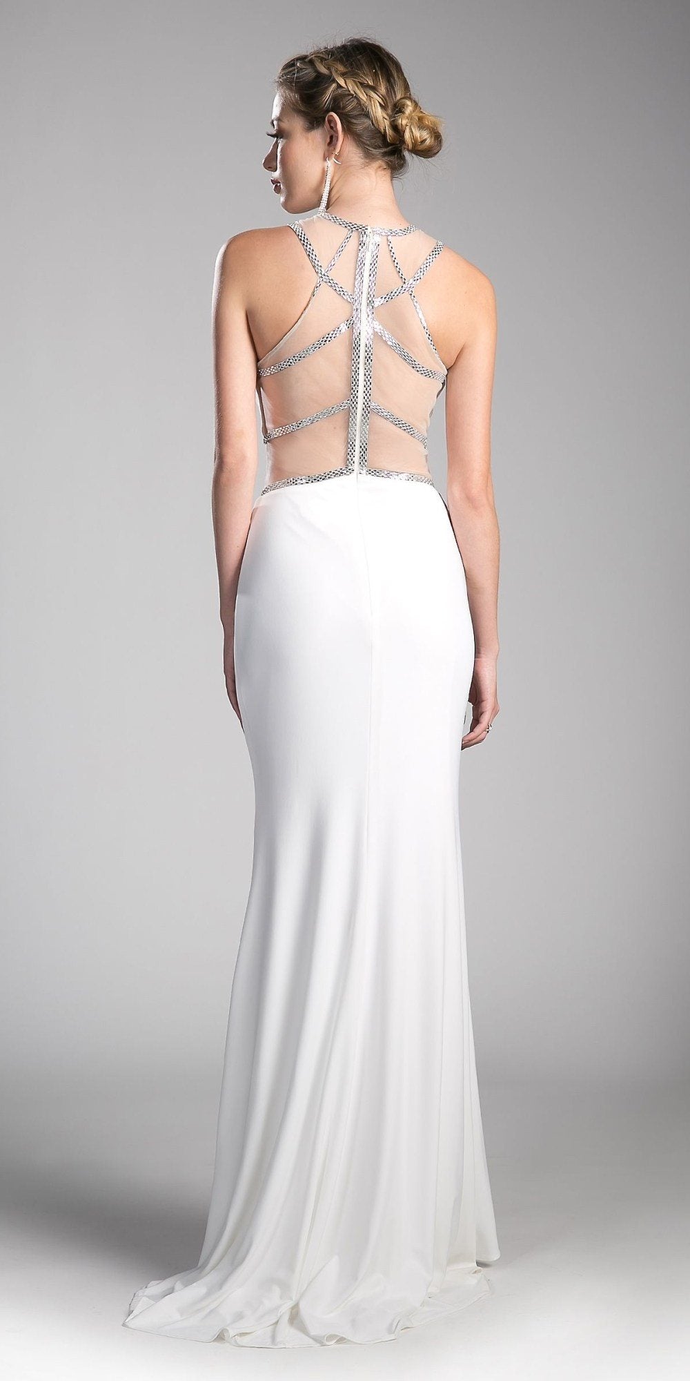 White formal gown with sheer back cut-out bodice and full-length skirt with slit